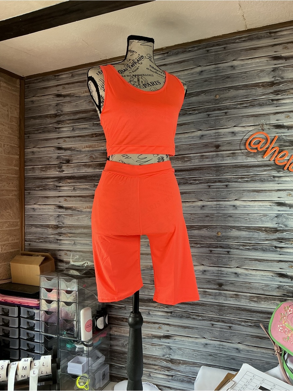 ⭐ Neon Coral Activewear Set Crop Top Biker Shorts Lounge Workout Outfit